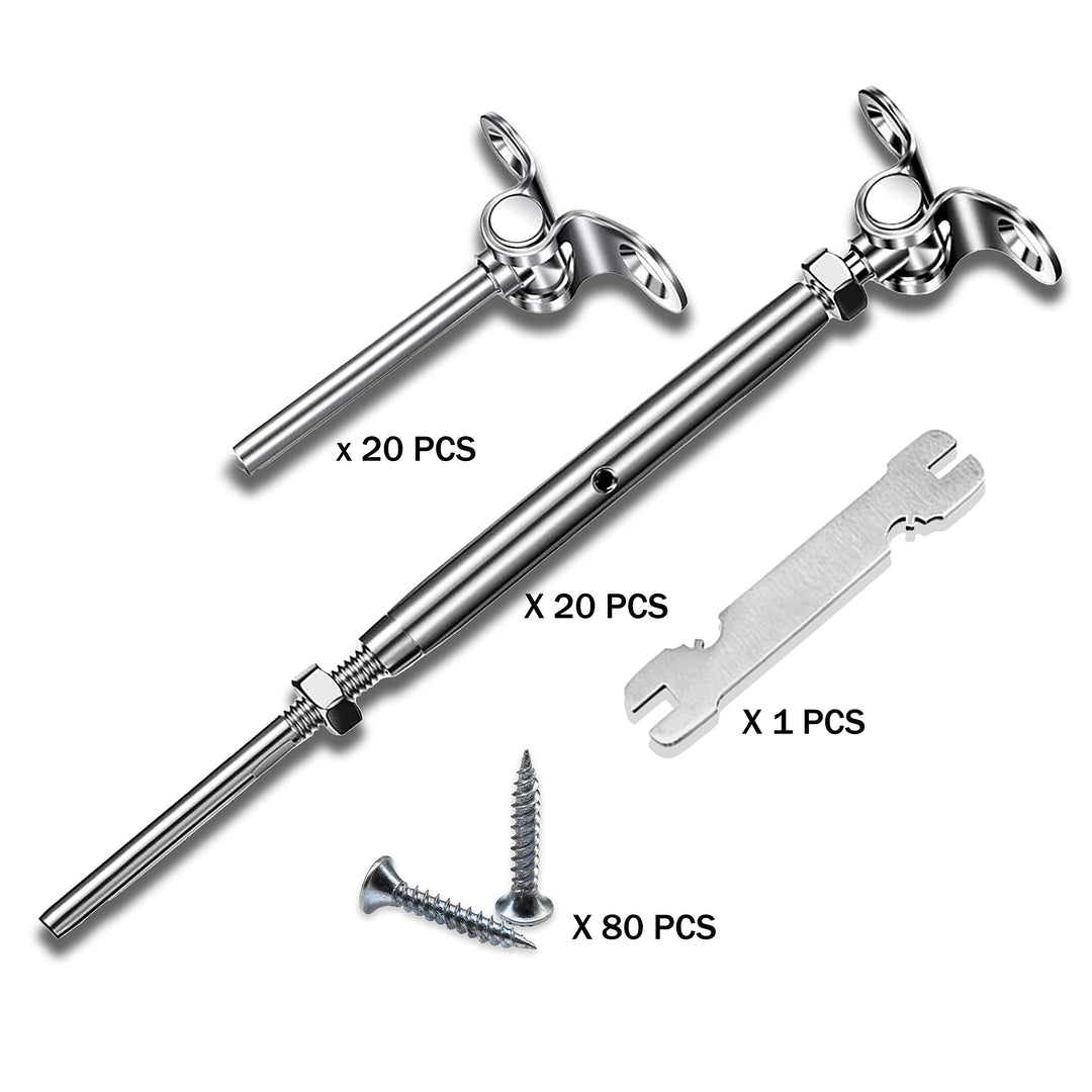 20 Sets T316 Stainless Steel Cable Railing Kit 180° Adjustable Angle Cable Railing Hardware Kit 1/8 Wire Rope for Wood Post, Adjustable Swage Toggle Turnbuckle Tensioner and End Fitting