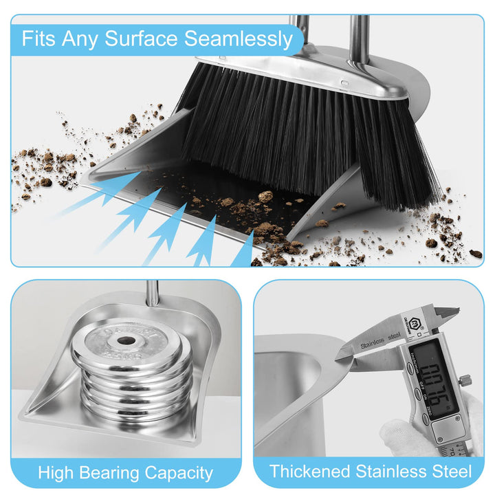 Broom and Dustpan Set for Home, Stainless Steel Broom and Dustpan Set with Long Handle, Heavy Duty Dustpan Broom Set Standing Dust Pan Kitchen and Home Indoor Outdoor Broom
