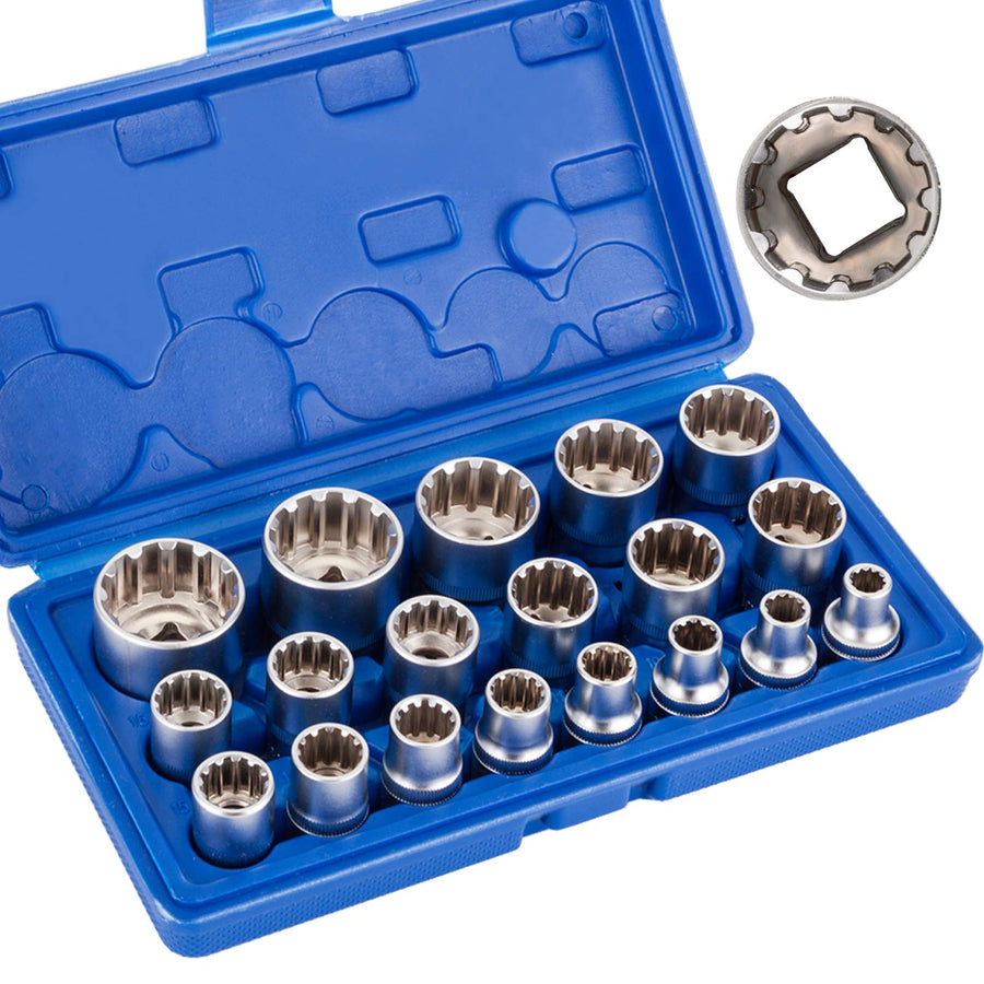 19pcs 1/2 Drive Universal Spline Socket Set, Metric 8-32mm 12-point Cr-V Socket Set