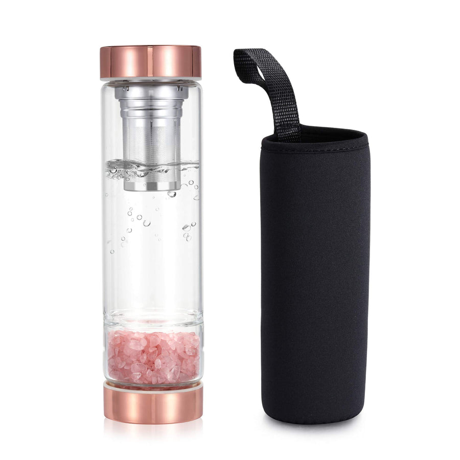 Crystal Water Bottle, Rose Quartz Healing Glass Water Bottle, Includes a Loose Leaf Tea Infuser Bottle and Protective Sleeve