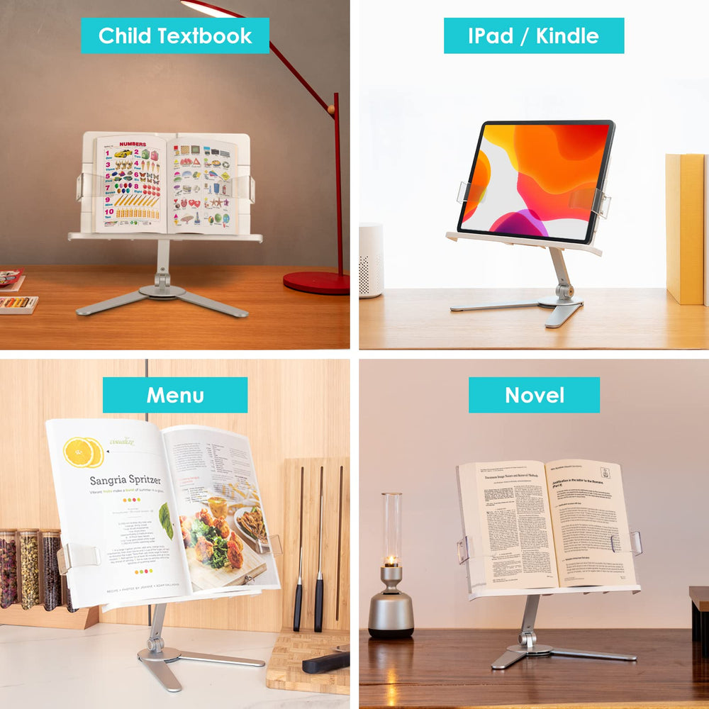 viozon Book Stand,Cookbook Holder Desk Reading,Adjustable Height&Angle,Aluminum Alloy,Foldable&Portable,for Office,Kitchen,School,Kids&Adults Book,Recipe,Magazine,Tablet,Kindle,Silver