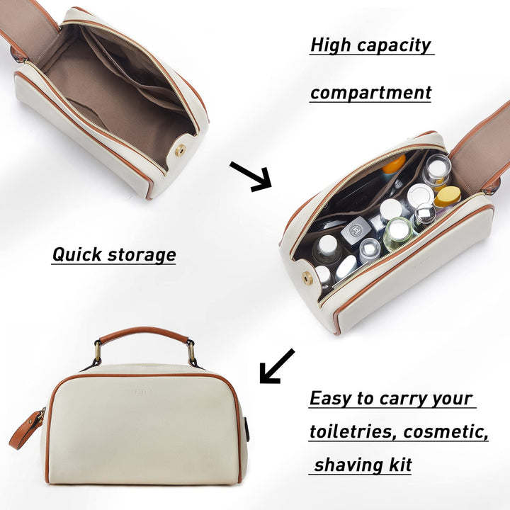Travel Toiletry Bag Makeup Cosmetic Bags for Women Waterproof PU Leather Toiletry Organizer Portable Large Capacity Beige with Brown