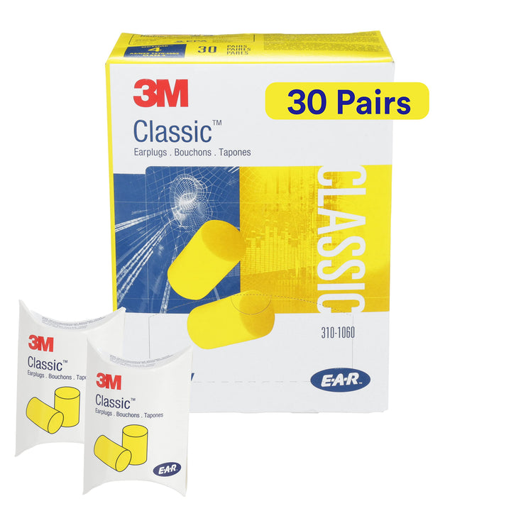 Ear Plugs, 30 Pairs/Box, E-A-R Classic 310-1060, Uncorded, Disposable, Foam, NRR 29, For Drilling, Grinding, Machining, Sawing, Sanding, Welding, 1 Pair/Pillow Pack