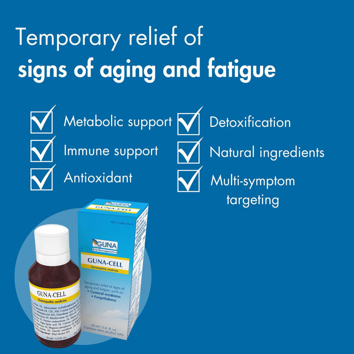 Guna Cell Homeopathic Provides Temporary relief of signs of aging and fatigue, such as: general weakness and forgetfulness. - 1 Ounce