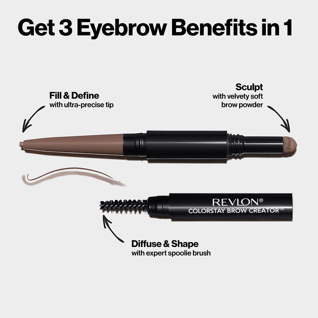 Revlon Colorstay Eyebrow Pencil Creator with Powder & Spoolie Brush to Fill, Define, Sculpt, Shape & Diffuse Perfect Brows, Soft Brown (605) 0.23 oz