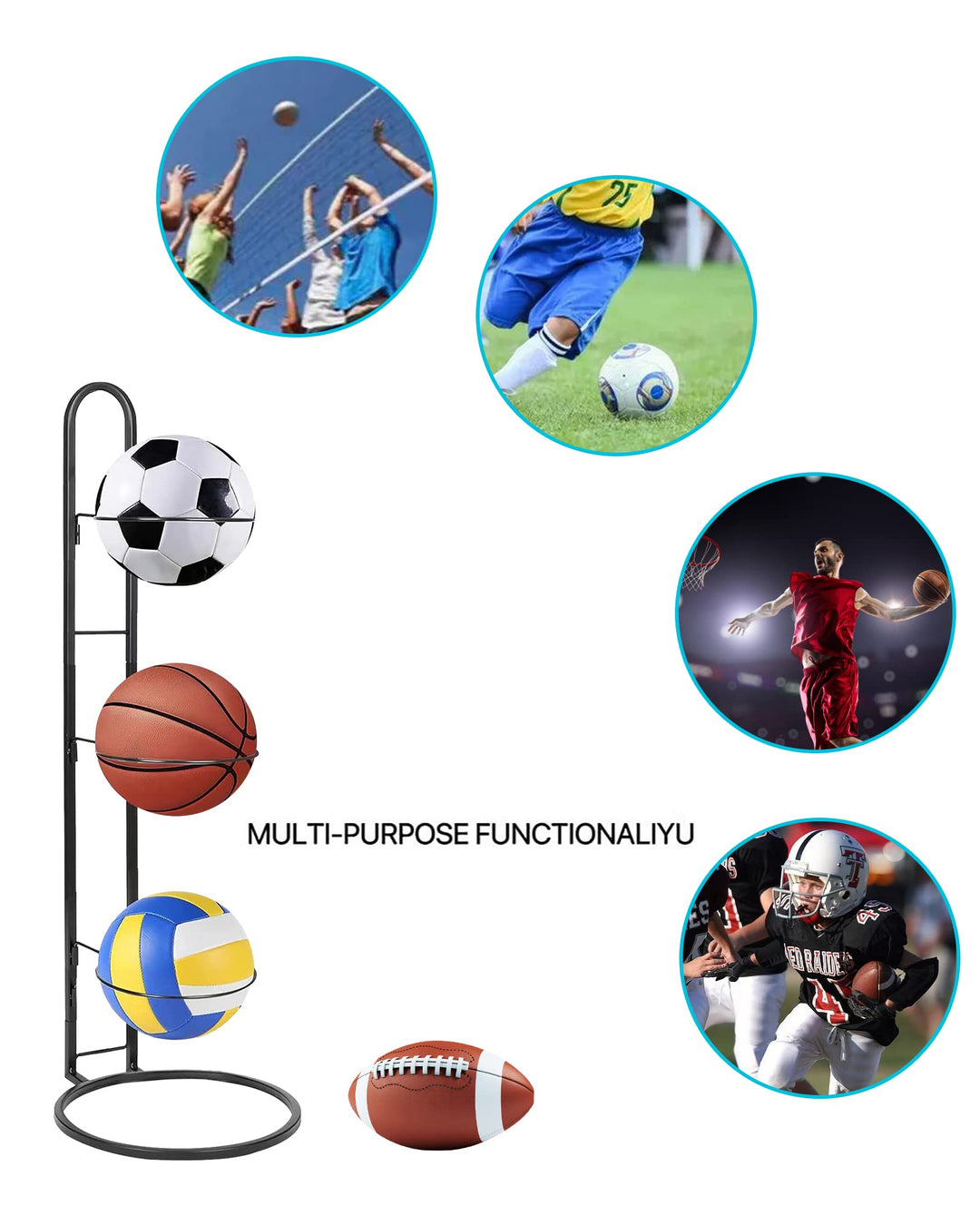 Basketball Ball Storage Rack, 3 Tier Cube Ball Storage Holder, Garage Sports Organizer,Indoor Removable Vertical Display Stand for Basketball Football Volleyball