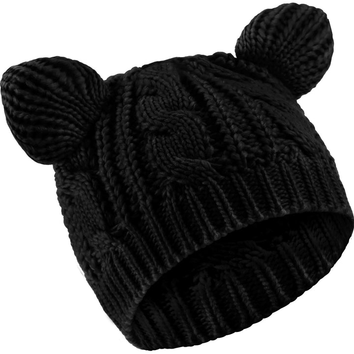 Cute Cat Ear Beanie Hat Cat Knitted Hat Winter Knit Cable Hat for Women(Black)