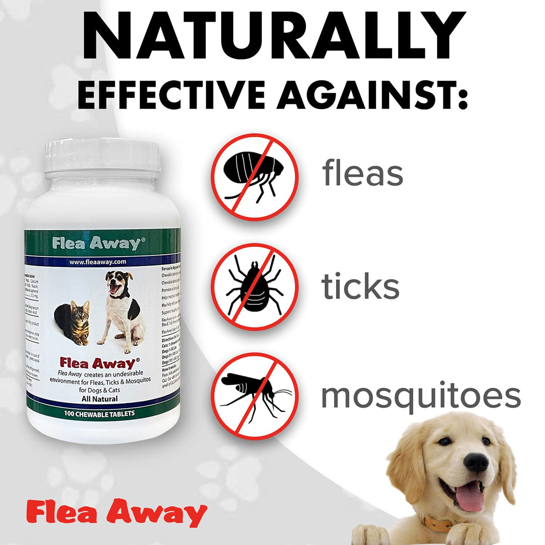 Flea Away All Natural Supplement for Fleas, Ticks, and Mosquitos Prevention for Dogs and Cats, 100 Chewable Treat Tablets, 2 Pack