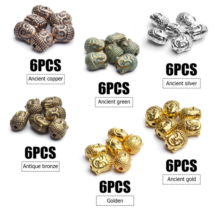36pcs 6 Colors Buddha Head Beads Tibetan Alloy Charm Connector Beads Loose Spacer Beads for DIY Bracelet Necklace Jewelry Making and Crafting