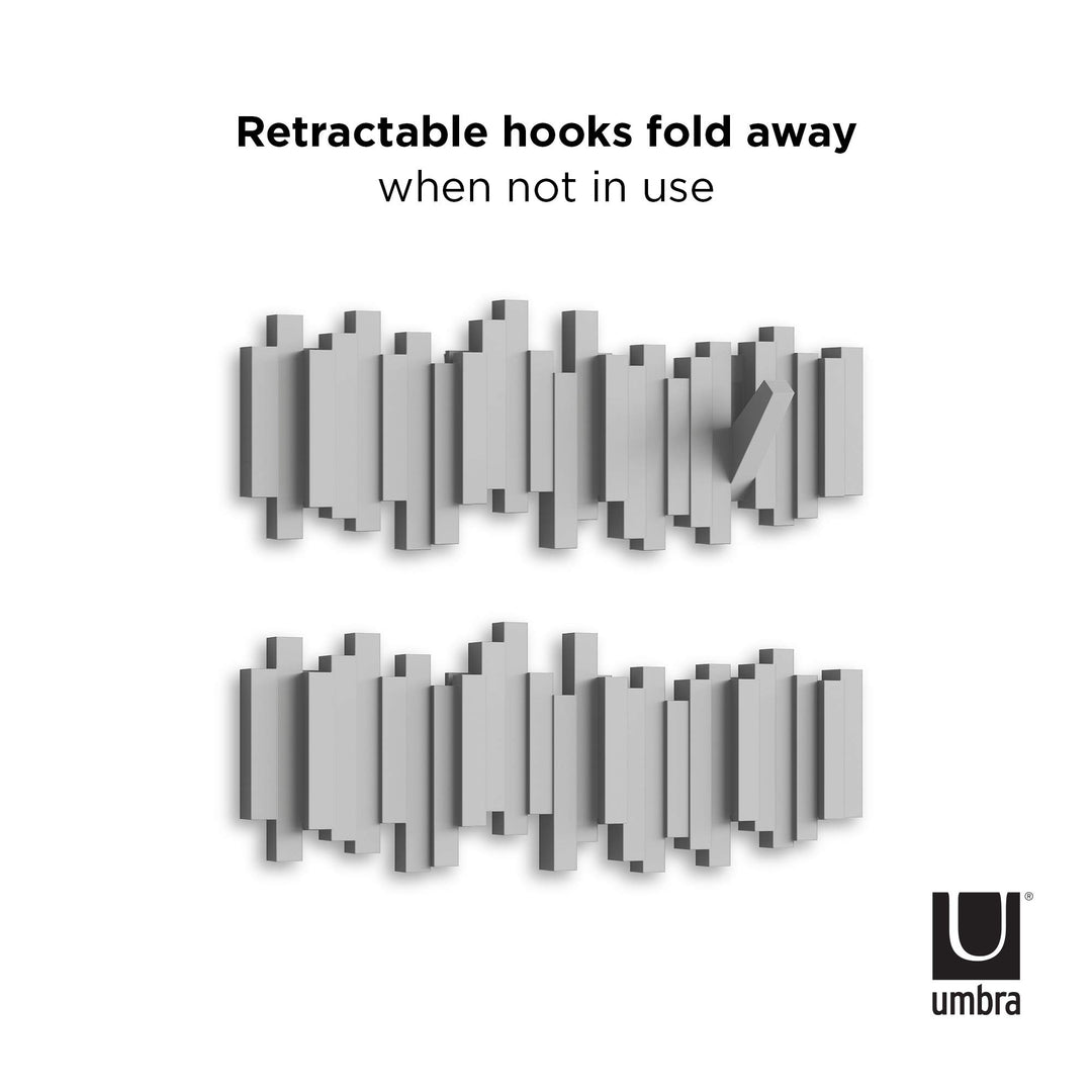 Sticks Wall-Mounted Coat Rack Rail Hook with 5 Retractable Pegs – Modern, Space-Saving Storage Organizer, Grey