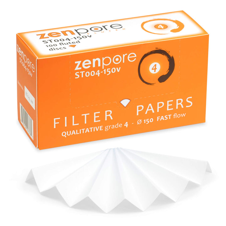 15 cm Fluted Filter Paper, Pre-Pleated (Folded), Qualitative Grade 4 - ZENPORE Fast Flow 150 mm (100 Discs)