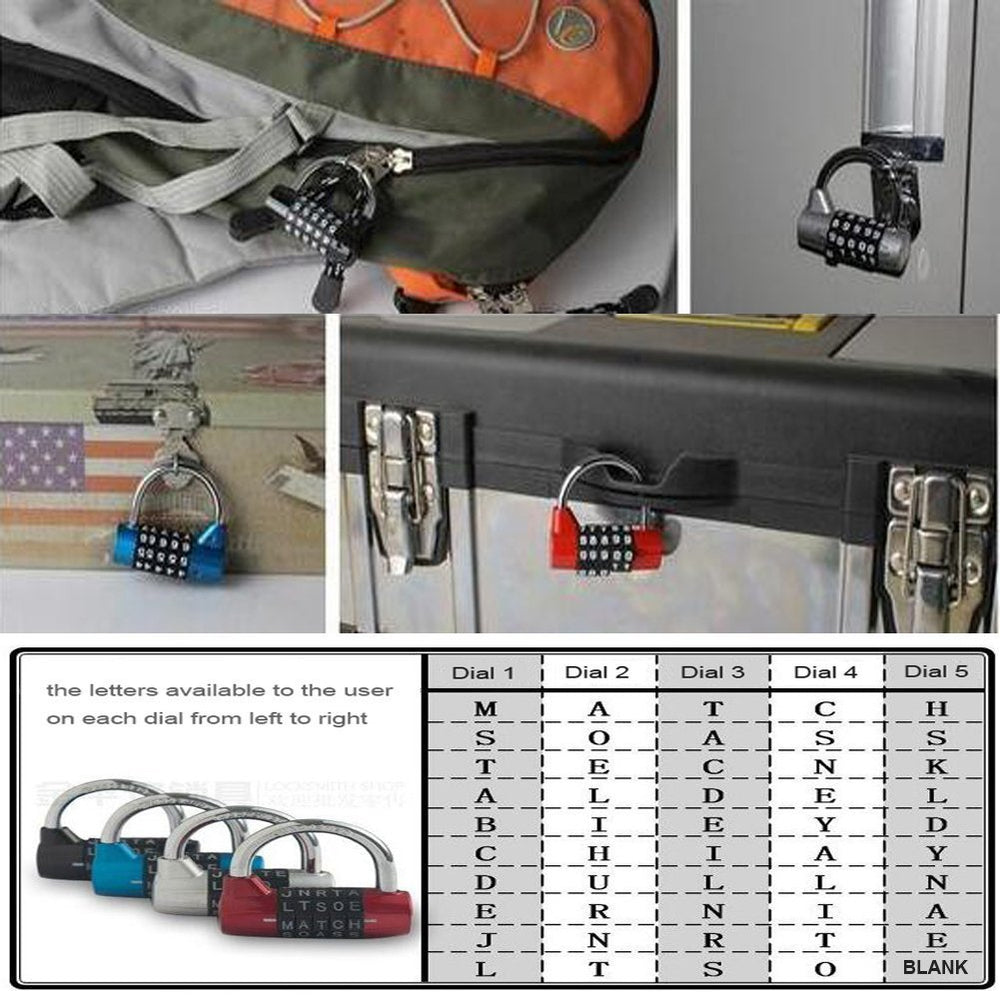 Padlock,combination padlock,5 dial padlock,5 letter lock,5 code padlock,gym locker lock,for indoor, outdoor,locker room,locker room, gameprop,warehouse,school,dormitory,hostel,bicycle,gate,fence,black
