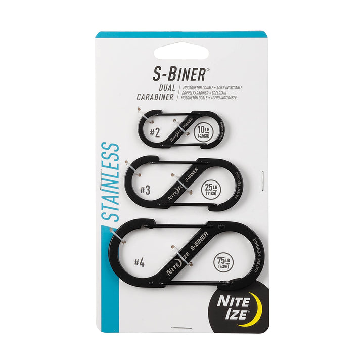 S-Biner Dual Carabiners, Stainless-Steel, unisex-adult, Black, Assorted 3-Pack, Sizes 2, 3, 4