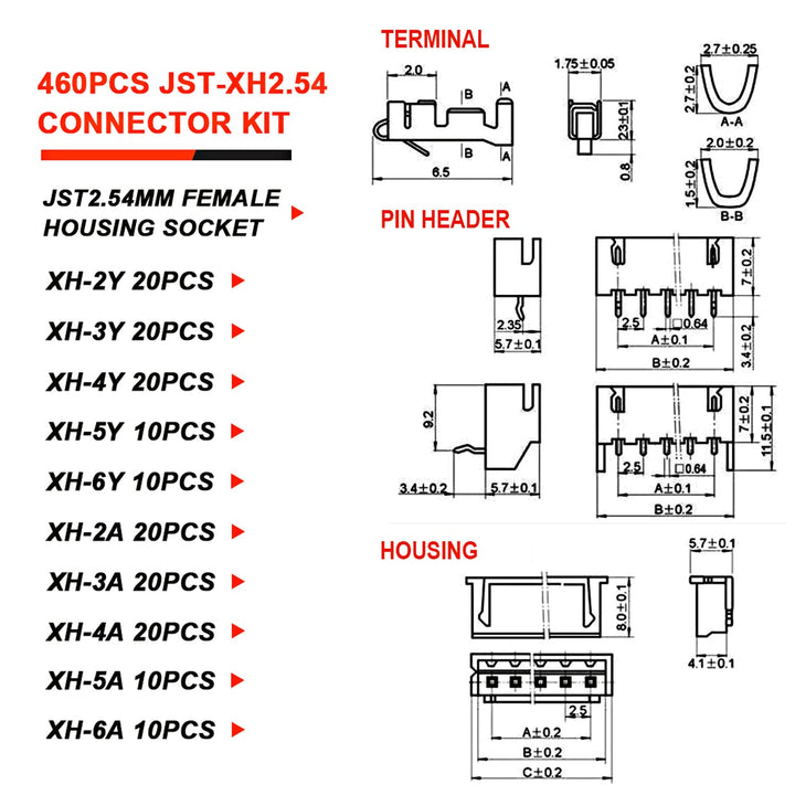 460PCS JST XH2.54 Connector kit 2/3/4/5/6Pin Plug with Terminal Wires Cables Socket Header Wire Connectors Kit