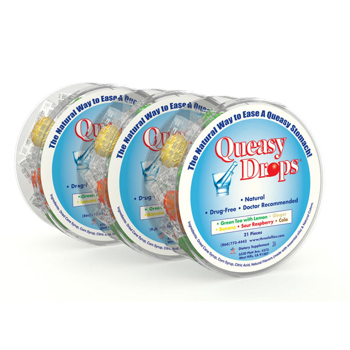 Three Lollies Queasy Drops (21 Piece Container) Assorted for Nausea Relief, 3 Count