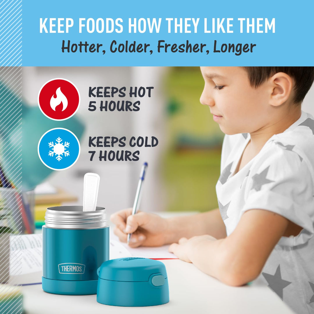 FUNTAINER 10 Ounce Stainless Steel Vacuum Insulated Kids Food Jar with Spoon, Teal