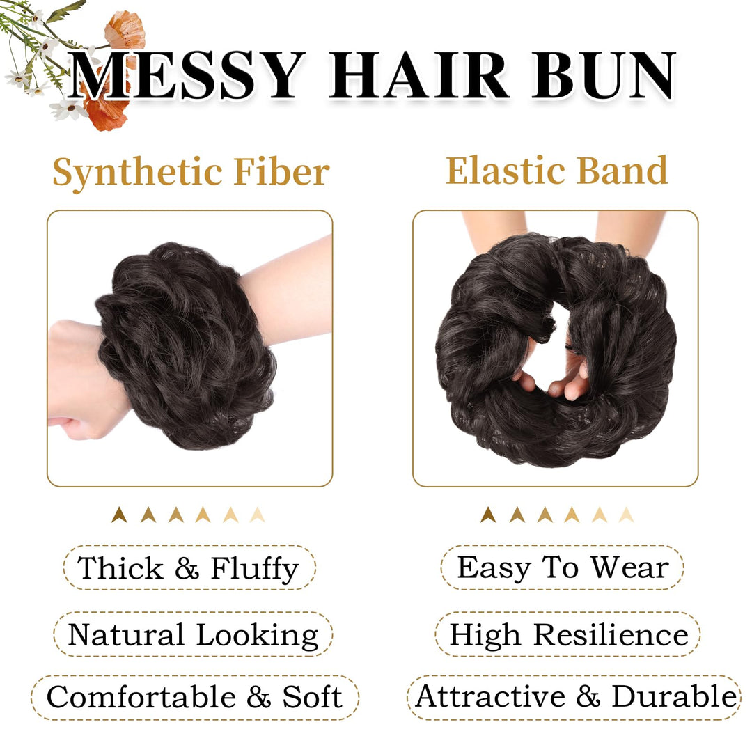 1PCS Messy Hair Bun Hair Scrunchies Extension Curly Wavy Messy Synthetic Chignon for Women (4#(Darkest Brown Tend to Black))
