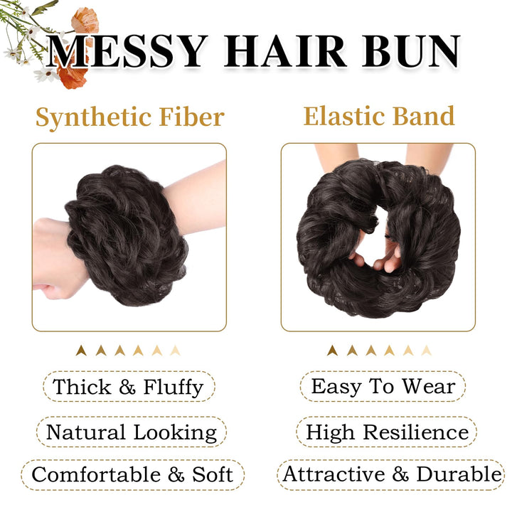 1PCS Messy Hair Bun Hair Scrunchies Extension Curly Wavy Messy Synthetic Chignon for Women (4#(Darkest Brown Tend to Black))