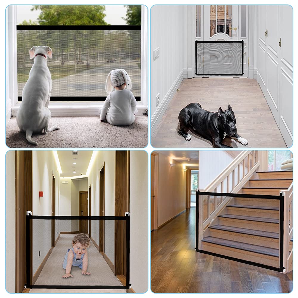 Dog Gate Indoor, Pet Gate for Stairs, Safety Mesh Portable Folding Gates, Guard Fence Mesh Gates for Doorway Hall Indoor Outdoor, 28'' x 44'', Black