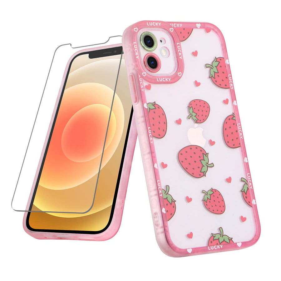 Compatible with iPhone 12 Case Pink Strawberry Cute Pattern Soft TPU Case for Girls Women + 1* Screen Protector, Camera Hole Protective Phone Case
