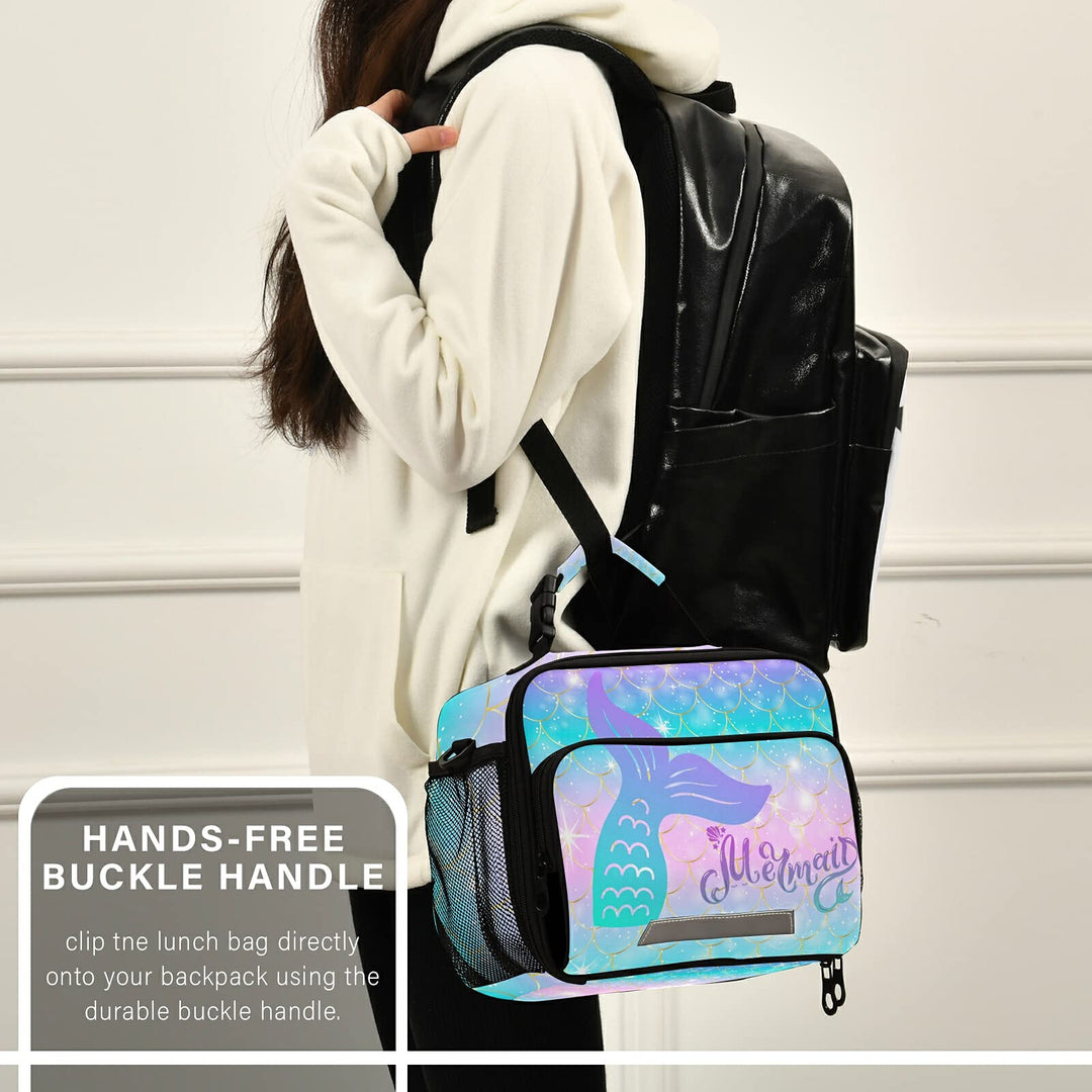 Mermaid Girls Lunch Box Insulated Lunchbox Kids Girl Lunch Bag Portable Reusable Lunch Cooler Bag with Strap