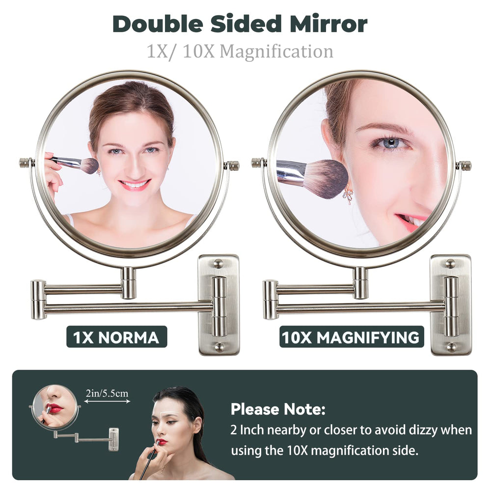 Makeup Mirror Wall Mounted, 1x/ 10x Magnifying Makeup Mirror, 8 Double Sided Make up Mirror with 360 Degree Swivel Extendable Arm, Home Bathroom Shaving Vanity Mirror (Nickel)