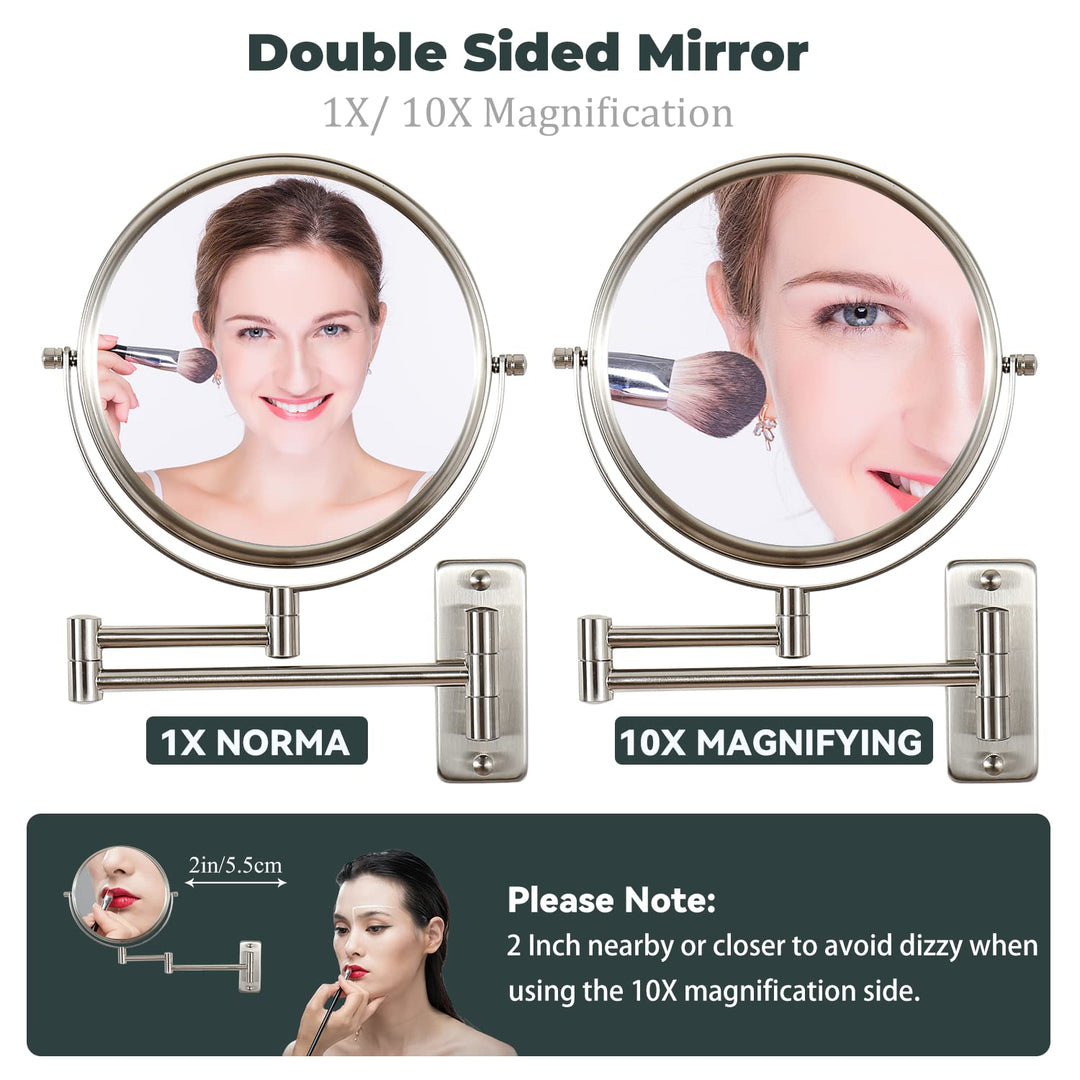Makeup Mirror Wall Mounted, 1x/ 10x Magnifying Makeup Mirror, 8 Double Sided Make up Mirror with 360 Degree Swivel Extendable Arm, Home Bathroom Shaving Vanity Mirror (Nickel)