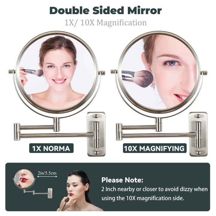 Makeup Mirror Wall Mounted, 1x/ 10x Magnifying Makeup Mirror, 8 Double Sided Make up Mirror with 360 Degree Swivel Extendable Arm, Home Bathroom Shaving Vanity Mirror (Nickel)