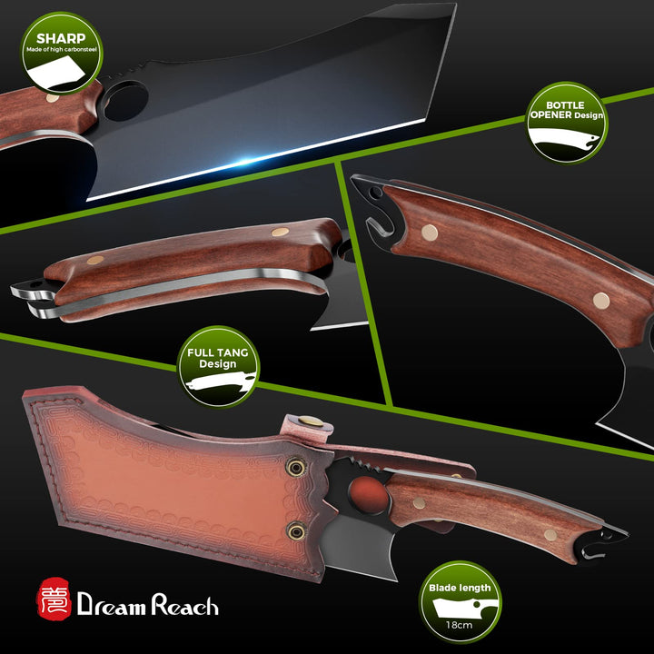 Meat Cleaver, 6.9 inch Black Boning Knife, High Carbon Steel Sharp Kitchen Forged In Fire Knife with Sheath Gift Box Bottle Opener for Outdoor Camping