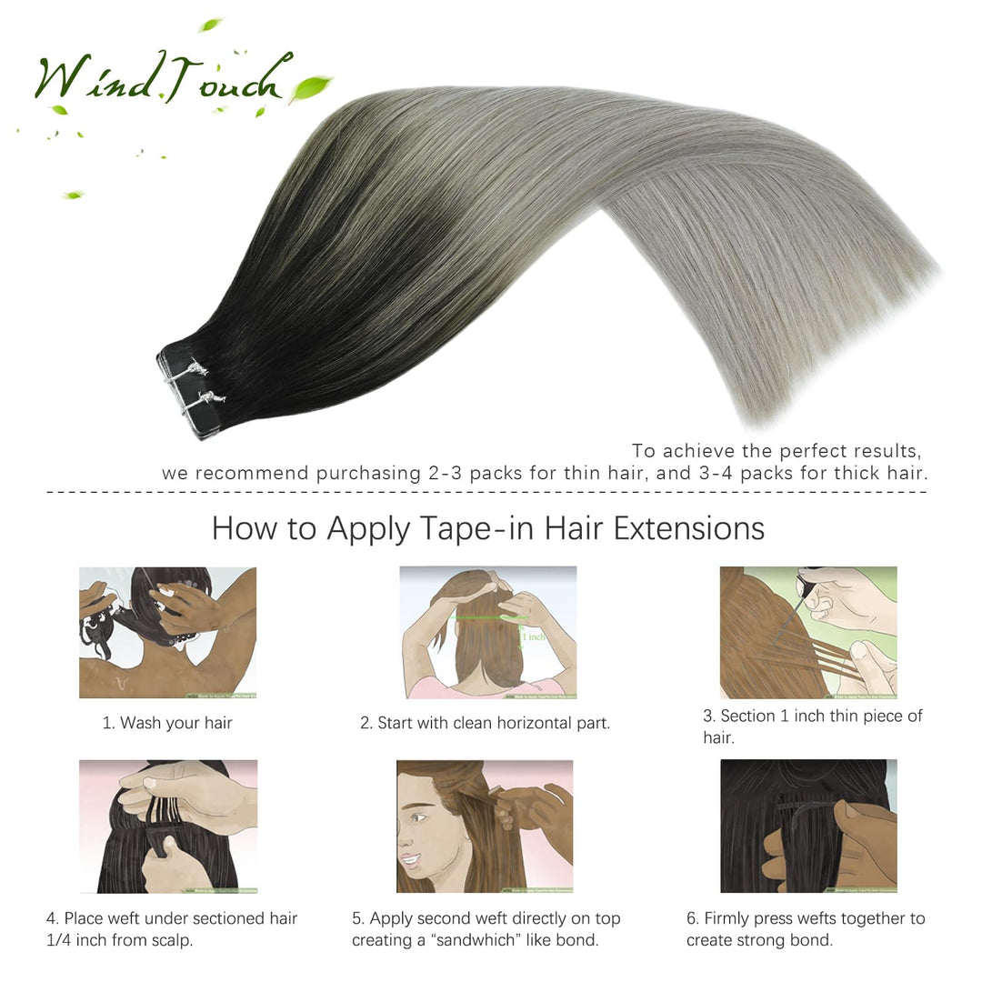 Tape In Hair Extensions Human Hair Double Sided Tape Skin Weft Balayage Ombre Hair Natural Black Fading to Silver Ash Blonde Hair Extensions Remy Hair #1btGray 50g 16Inch 20PCS Thick