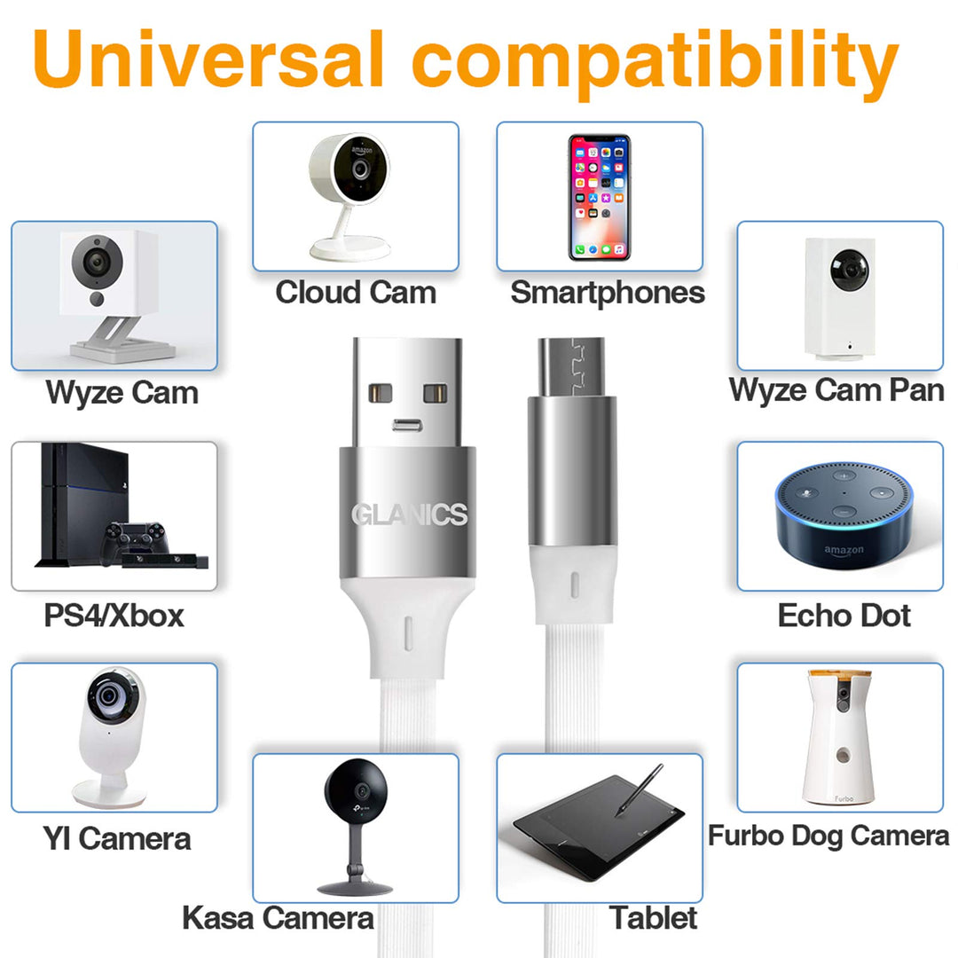 20ft Micro USB Cable, Micro USB Power Extension Cable, Charging and Data Sync Cable for Wyze Cam, Cloud Cam, Android Phone, Mobile Powe and Other Devices (White)