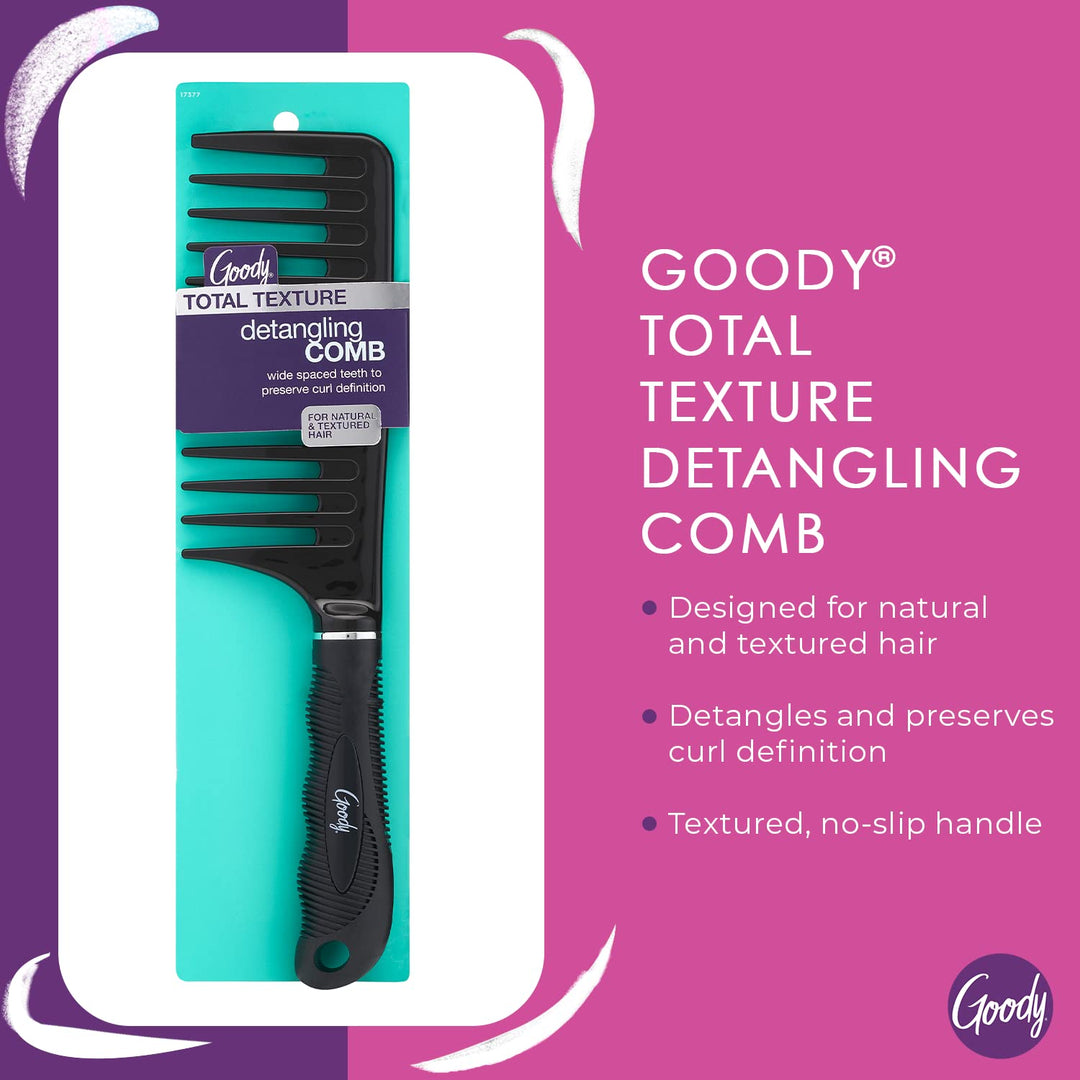 Total Texture Detangling Handle Comb, Wide Spaced Teeth Preserve Curl Definition, Pain-Free Hair Accessories for Women & Girls, Durable for Everyday and Professional Use, Black