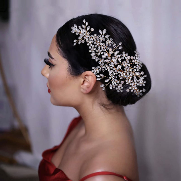 2 Pack Bride Wedding Headbands, Rhinestone Bridal Bridesmaid Hair Clips Accessories, Flower Girls Headpieces for Women (Gold)