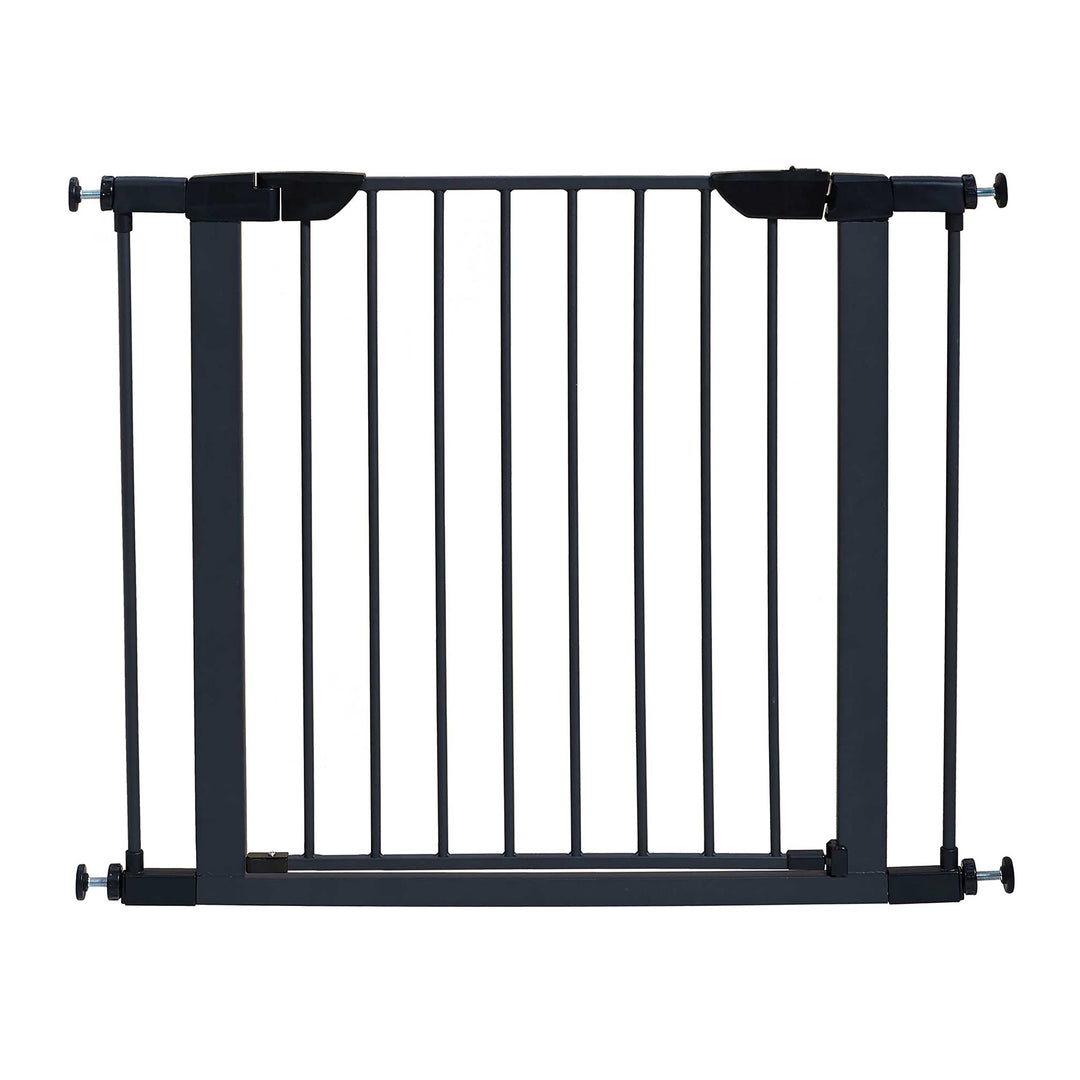 29 Inches Tall Walk-Though Graphite Steel Pet Gate, Pressure Mounted Dog Gate Measures 29H x 29.5-38W Inches & Includes Two 3-Inch-Wide Extensions, Graphite