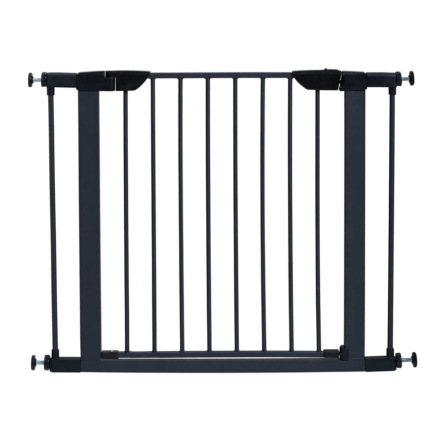 29 Inches Tall Walk-Though Graphite Steel Pet Gate, Pressure Mounted Dog Gate Measures 29H x 29.5-38W Inches & Includes Two 3-Inch-Wide Extensions, Graphite