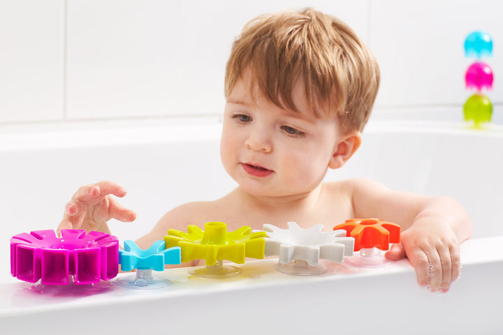 Cogs Baby Bath Toys - Spinning Gear Themed Sensory Baby Toys for Bathtub - Suction Toys for Bathtub Walls - Multicolored - 5 Count - Ages 12 Months and Up
