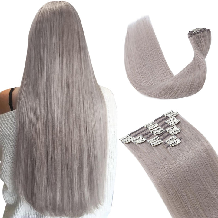 Clip in Hair Extensions 100% Human Hair Thin Grey 12 Inch Short Straight Human Hair Clip on Hairpieces 55g Machine Weft 8pcs 18 Clips for Women