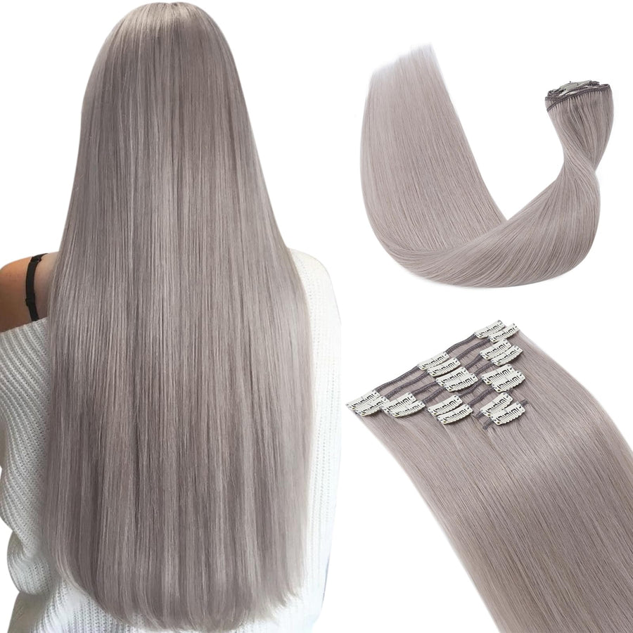 Clip in Hair Extensions 100% Human Hair Thin Grey 12 Inch Short Straight Human Hair Clip on Hairpieces 55g Machine Weft 8pcs 18 Clips for Women