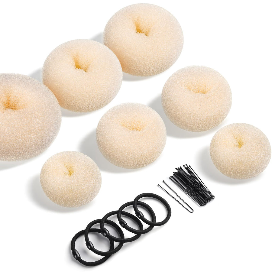 Donut Bun Maker, Hair Bun Donut Maker Ring Style Bun Maker Set - 7 Buns Shaper & 5 Bands & 20 Bobby Pins For Chignon Hair Styles Ballet Dance Beige (2 Small 2 Medium 2 Large 1 Extra-large)