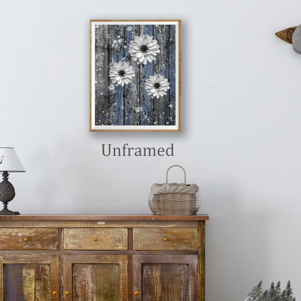 Rustic Farmhouse Dahlia Wall Art Bathroom Wall Decor Blue Dahlia Picture Rustic Blue Flowers Butterfly Canvas Print Painting Dahlia Wood Board Artwork for Bedroom Living Room Unframed