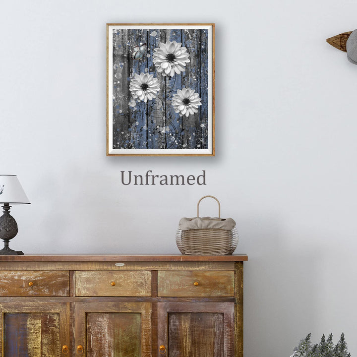 Rustic Farmhouse Dahlia Wall Art Bathroom Wall Decor Blue Dahlia Picture Rustic Blue Flowers Butterfly Canvas Print Painting Dahlia Wood Board Artwork for Bedroom Living Room Unframed