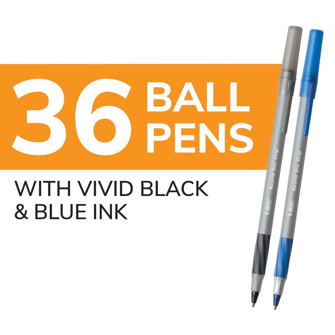 Round Stic Grip Xtra Comfort Ballpoint Pens, Medium Point (1.2mm) Ink Pens, Black & Blue, Soft Grip For Added Comfort And Control, 36-Count (GSMG361-AST)