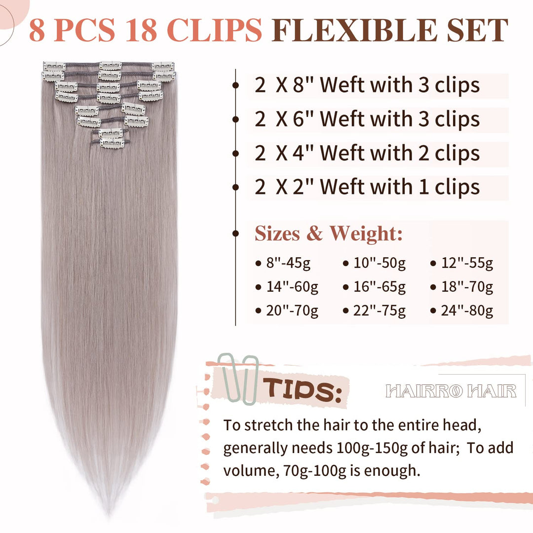 Clip in Hair Extensions 100% Human Hair Thin Grey 12 Inch Short Straight Human Hair Clip on Hairpieces 55g Machine Weft 8pcs 18 Clips for Women