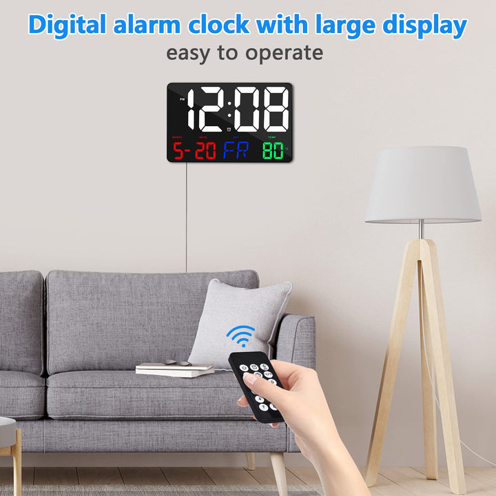 Digital Wall Clock,11.5 LED Digital Alarm Clock Large Display,with Remote Control,Adjustable Brightness, Calendar, Temperature, Snooze, 12/24 H, for Living Room, Office, Bedroom, Elderly, Adults
