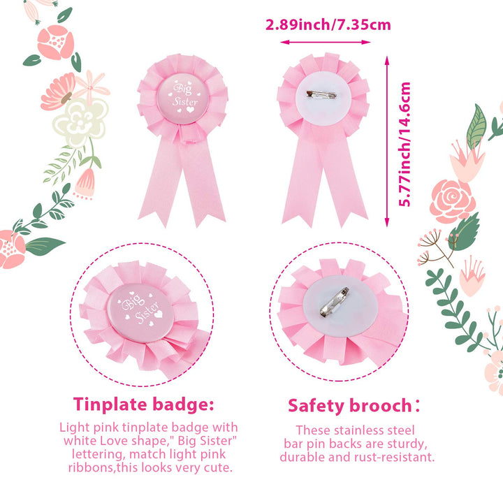 3 Pcs Big Sister Accessory Set Big Sister Flower Crown Satin Sash Pin Big Sister Gifts for Baby Shower Party(Pink)