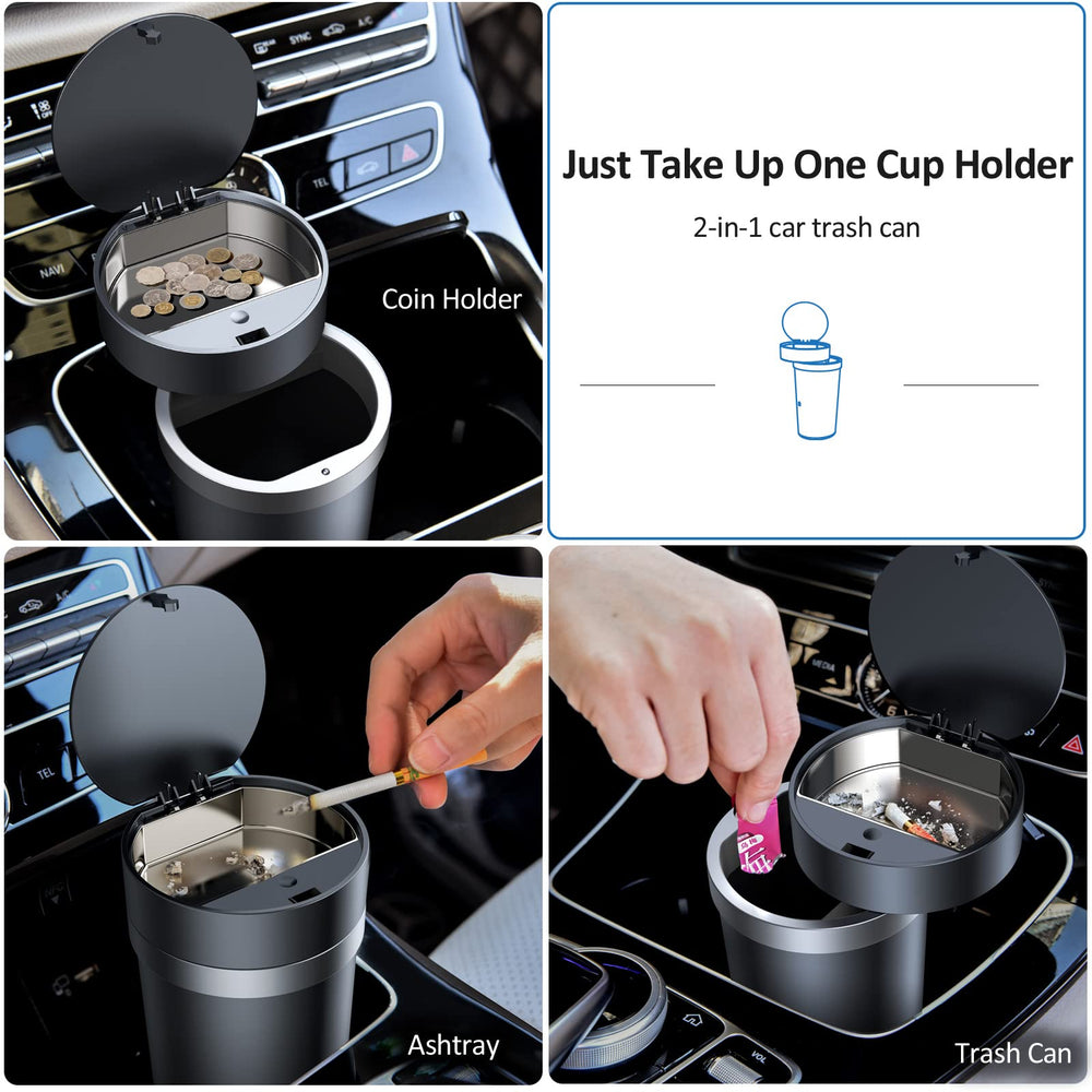 2 in 1 Car Cup Holder Trash Can, Mini Car Trash Can with Lid and 3 Roll Mini Trash Bags, Small Coin Holder for Car with Dual Space, Waterproof Car Garbage Can Cup Holder -Round