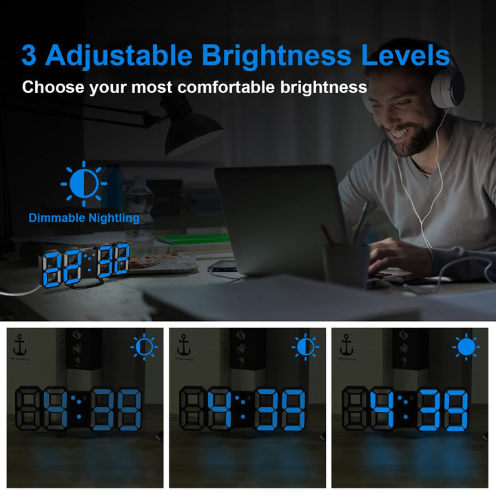 3D LED Wall Clock, 8.4 Digital Wall Clock, LED Clock with 3 Adjustable Brightness Levels for Home Kitchen Office(with Cable but NOT Battery Operated)