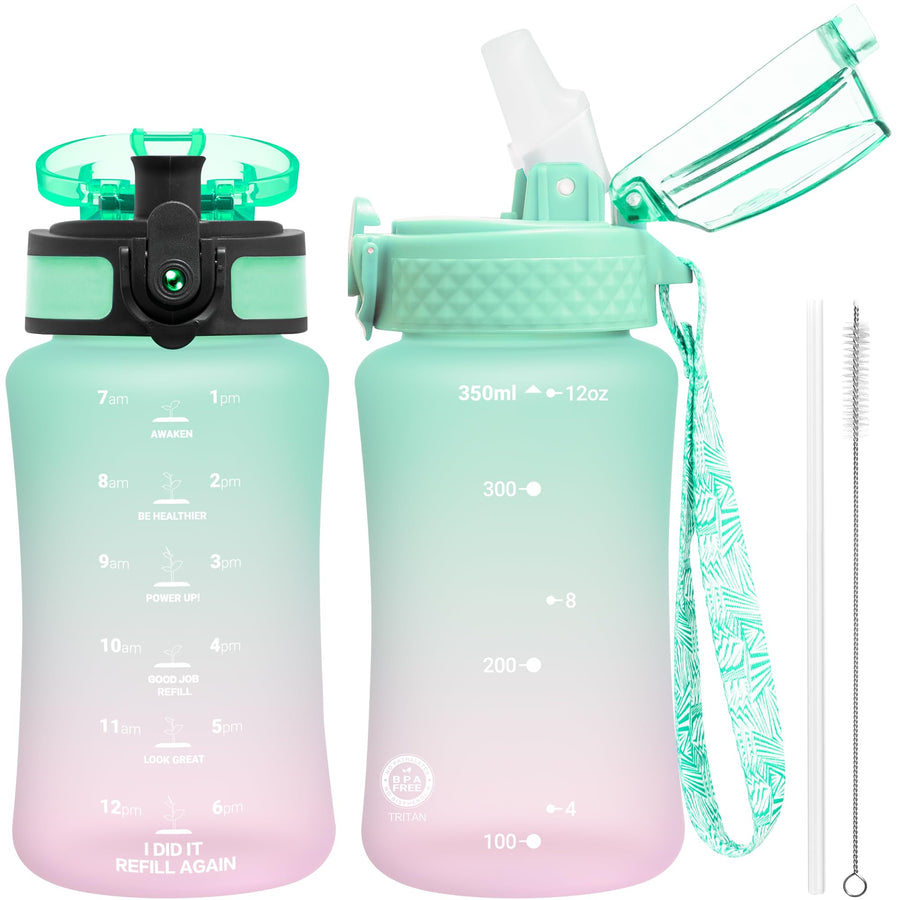 Kids Water Bottle for School, 12 oz (2 lids) BPA-Free Reusable Leak-proof Durable Tritan Plastic Water Bottles with Straw & Chug Lids, Anti-dust Spout Cover (Mintpink)