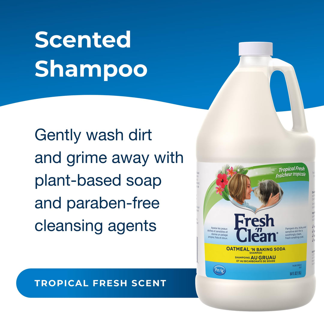 Fresh ’n Clean Oatmeal ’n Baking Soda Shampoo - Tropical Fresh Scent - 64 oz - Nurtures Dry, Itchy & Sensitive Skin with Vitamin E & Aloe - Strengthens & Repairs Coats - Soap Free