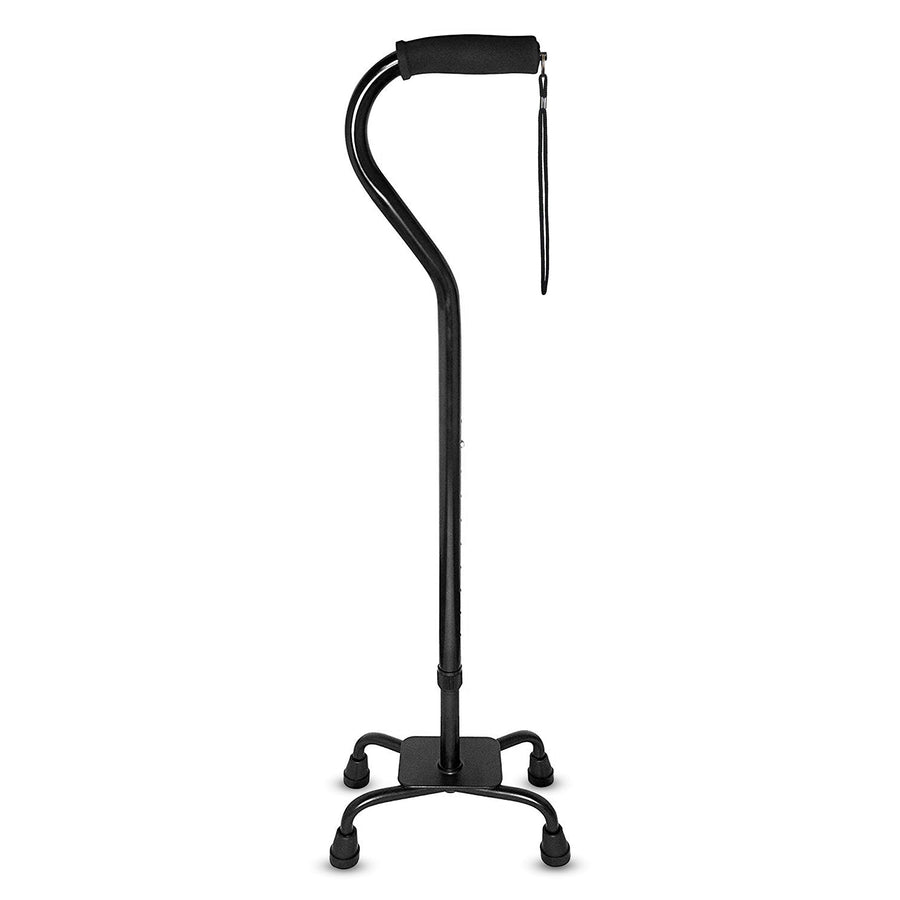 Quad Cane - Adjustable Walking Cane with 4-Pronged Base for Extra Stability - Foam Padded Offset Handle for Soft Grip - Works for Right or Left Handed Men or Women (Black)